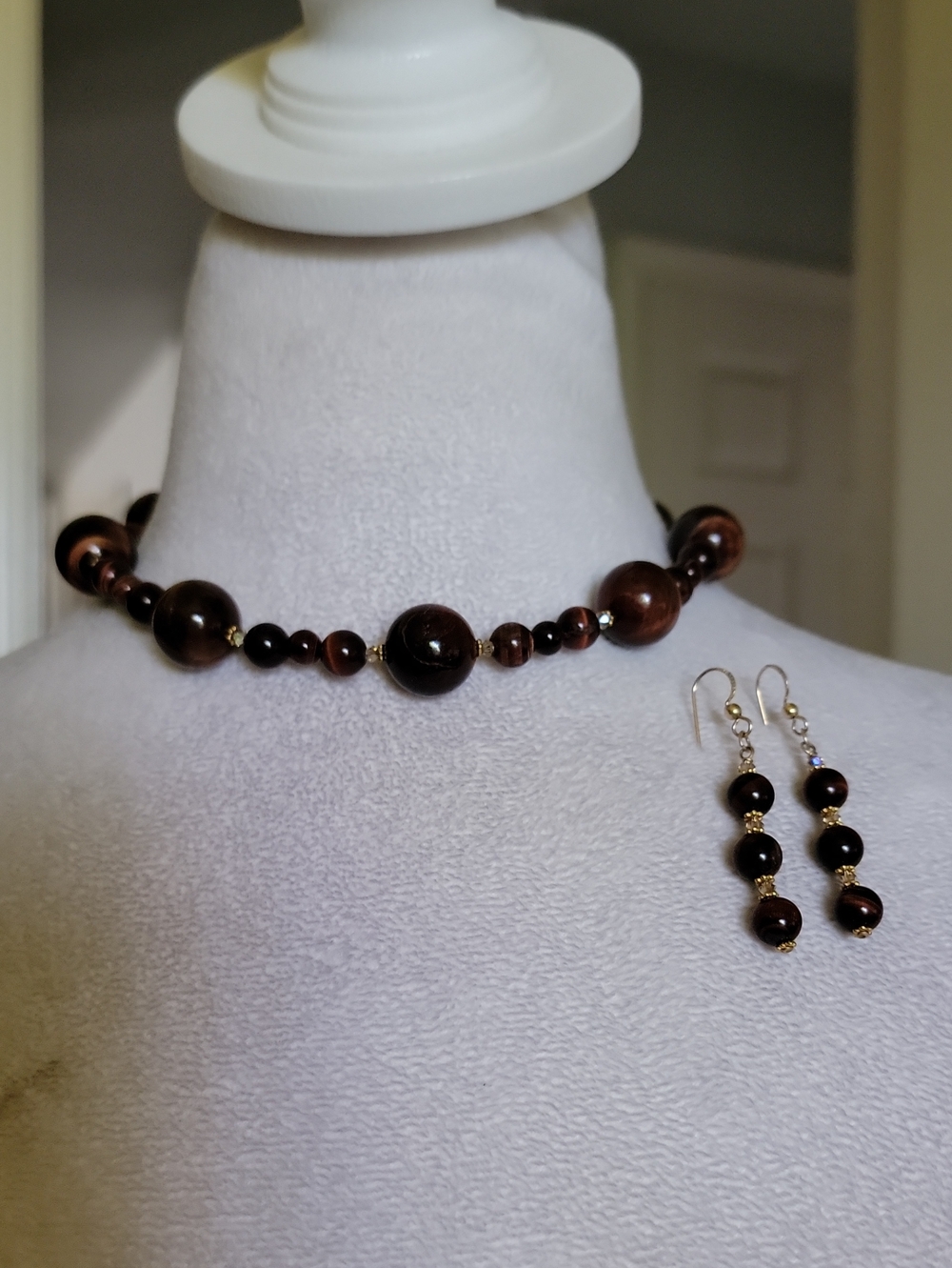 Handcrafted Brown Tigers Eye Bead Necklace and Drop Earrings Set